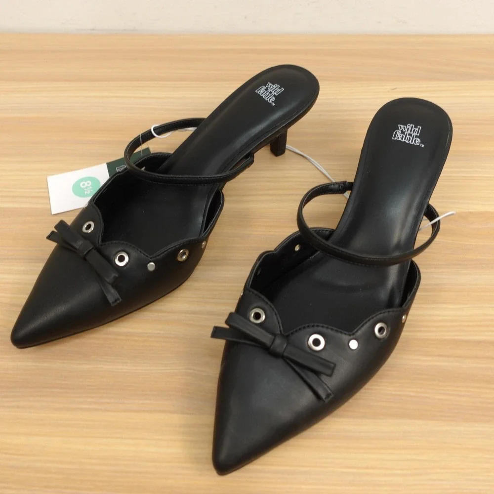 Y2K Coquette Mule Pumps Womens 8.5 Black Eyelet Kitten Heel Pointed WILD FABLE